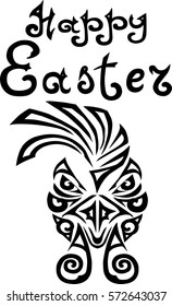 Black and white card "Happy Easter" with rooster head stylized Maori face tattoo. Vector