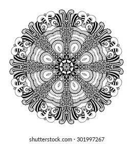 Black and white card with mandala ornament. Geometric circular element made in vector. Perfect for birthday and other holiday card, any other kind of design, kaleidoscope, medallion, arabic design