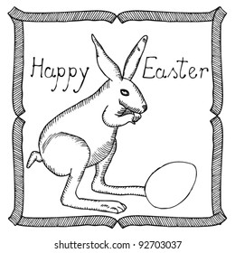 black and white card- original drawing of easter bunny with an egg on white background