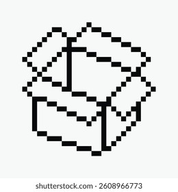 black and white cardboard box pixel art icon vector illustration.