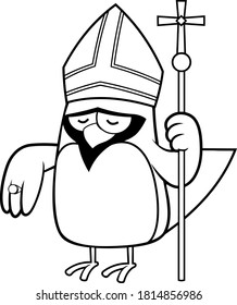 Black And White Cardinal Bird Cartoon Character Holds A Wand With Cross. Vector Illustration Isolated On White Background