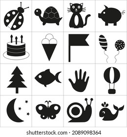 Black White cards contrast images for babies 0-3 months old. Visually stimulating play space for your newborn to move and play.