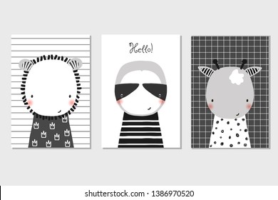 Black and white cards or posters for children with wild animals. Vector hand drawn illustration.