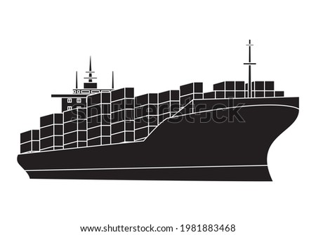 
Black and white cargo ship icon on white background. Container shipping.