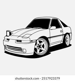 Carro caricatural preto e branco. Camadas separadas, fáceis de editar em seu software compatível com vetores.