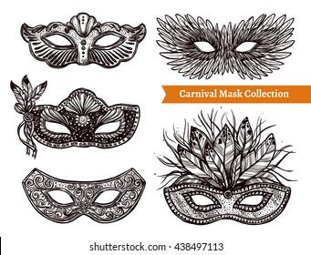 Black and white carnival masks of different shape with feathers stones and other decorations hand drawn set on white background isolated vector illustration