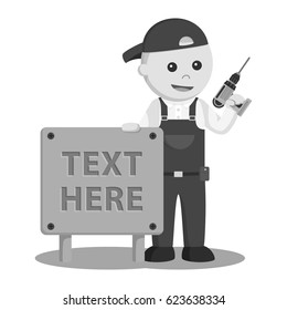 black and white carpenter with wood sign black and white style