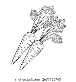 A black and white carrots illustration line art of a coloring page