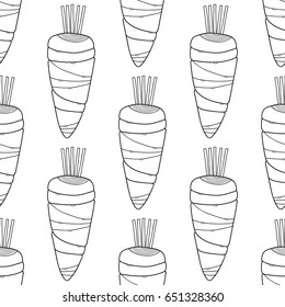 Black and white carrots. Seamless pattern for coloring books. Doodle illustration for design
