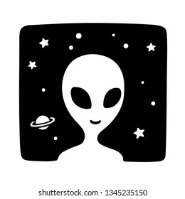 Black and white cartoon alien drawing on space background. Simple hand drawn doodle of extraterrestial life. Cute vector illustration.