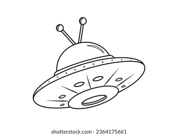 Black and White Cartoon Alien Ship Vector. Coloring Page of Alien Ship