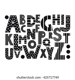 Black and white cartoon alphabet on white background. Cute abc design for book cover, poster, card, print on baby's clothes, pillow etc. Decorative letters composition.