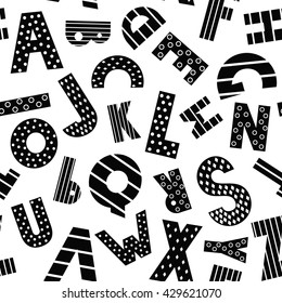 Black and white cartoon alphabet seamless pattern on white background. Cute abc design for book cover, fabric, decor, print on baby's clothes, pillow etc. Decorative letters composition.