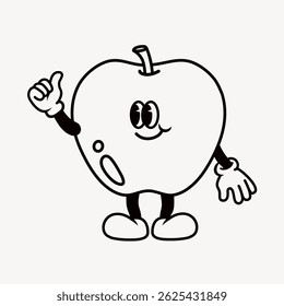 Black and white cartoon apple character with arms and legs, smiling and giving a thumbs up. Simple, playful apple illustration with gloves and shoes. Fruit illustration vector.
