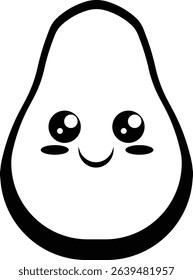 Black and white cartoon avocado with a simple happy face large eyes and a smile. Bold outlines and minimal details.