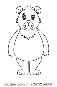 Black and White Cartoon Bear Vector Flat Design Ideal for Coloring Pages, Isolated on White Background
