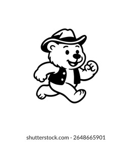 Black and white cartoon bear wearing a cowboy hat and vest, running
