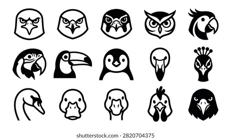 Black and white cartoon bird head set features various birds including eagle, owl, parrot, toucan, penguin, swan, duck, and peacock.