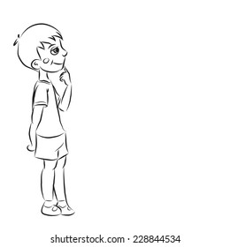 Black and white cartoon boy thinking  .vector sketch coloring.
