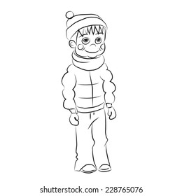Black and white cartoon boy in winter clothes .vector sketch coloring.