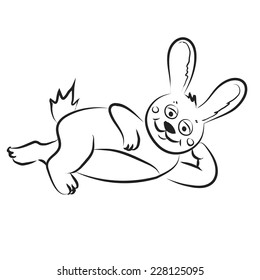 Black and white cartoon bunny lays . vector sketch coloring. Rabbit.