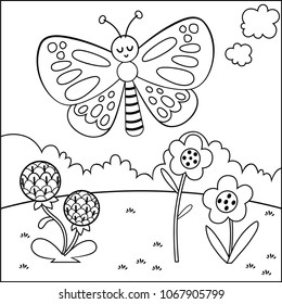 Black and white cartoon butterfly character. (Vector illustration)