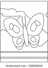 Black and white cartoon butterfly character coloring page for kids spring activity.