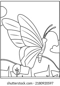 Black and white cartoon butterfly character coloring page for kids spring activity.