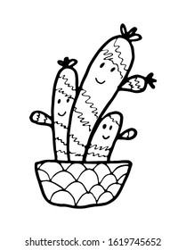 Black and white cartoon cactus in geometric pot. Doodle style art isolated on white background. Hand drawing vector stock illustration.