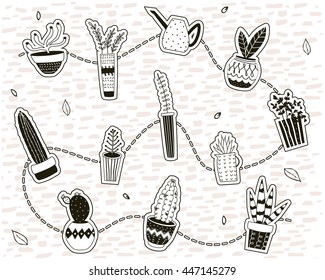 Black and white cartoon cactus and home plants stickers and garland. Hand drawn succulent illustration. Collection of cute house plants in pots in scandinavian style. Vector isolated on background.