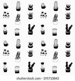 Black and white cartoon cactus pattern. Hand drawn succulent ornament.