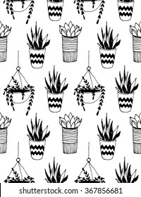 Black and white cartoon cactus pattern. Hand drawn succulent ornament.