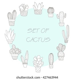 Black and white cartoon cactus pattern. Hand drawn succulent ornament.
