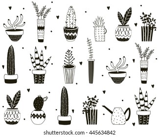 Black and white cartoon cactus pattern. Hand drawn succulent ornament. Collection of cute house plants in pots in scandinavian style. Vector illustration, isolated on background.