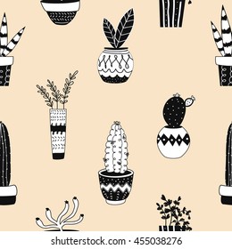 Black and white cartoon cactus pattern. Hand drawn succulent ornament. Collection of cute house plants in pots in scandinavian style. Vector illustration, isolated on background.