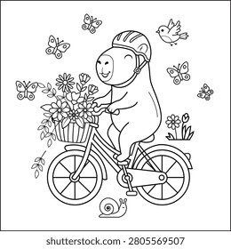 Black and white cartoon capybara riding a bicycle with a basket of flowers while wearing a helmet. Surrounded by butterflies, bird, and snail. Outline vector coloring page for kids, printable coloring books, educational worksheets, preschool activities,and learning resources.