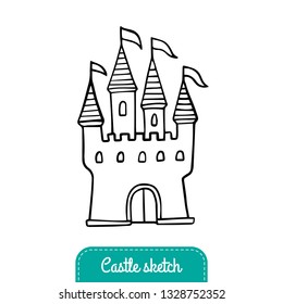 Black and white cartoon castle. Hand-drawn fairytale castle for a princess. Doodle Vector Illustration good for a logo, sticker, mini-game, invitation or and greeting card.