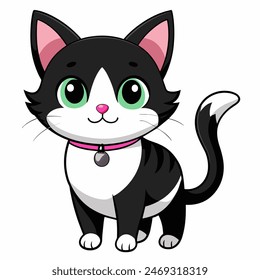Black and white cartoon cat on white background, ideal for kids and cat enthusiasts