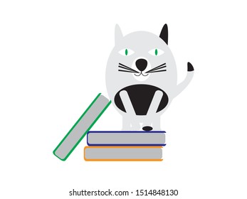 Black and White Cartoon Cat Standing on Books