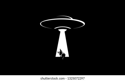 Black And White Cartoon Cat And Ufo Silhouettes Vector Illustration