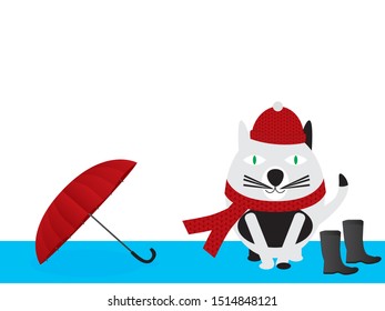 Black and White Cartoon Cat Wearing Knitted Hat and Scarf Near Umbrella and Boots