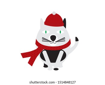 Black and White Cartoon Cat Wearing Knitted Hat and Scarf