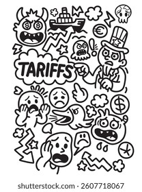 Black and white cartoon chaos about tariffs