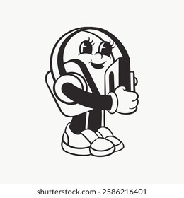 Black and white cartoon character with headphones, smiling and holding a device. Cute cartoon style, cheerful character, playful design, headphones theme. Funky vector illustration.