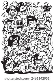 Black and White Cartoon Characters Cluster Drawing
