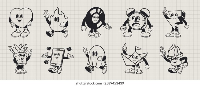 Black and white cartoon characters with playful expressions. Includes heart, flame, clock, and geometric shapes. Fun, playful, and creative designs. Character element vector set.
