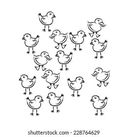Black and white cartoon chickens and ducklings .vector sketch coloring.
