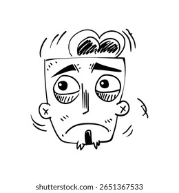 Caricatura em preto e branco de uma expressão facial confusa e pensativa