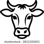 Black and white cartoon cow head with horns facing forward