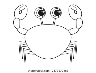 Black and White Cartoon Crab Vector Flat Design Ideal for Coloring Pages, Isolated on White Background